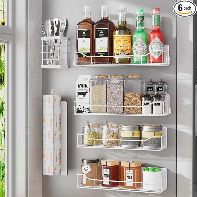 Magnetic Spice Rack for Refrigerator, 6 Pack Strong Magnet Spice Organizer with Paper Towel Holder, Utensil Holder, Moveable Magnetic Fridge Shelf for Kitchen Organization and Storage (White) by IYEBAU