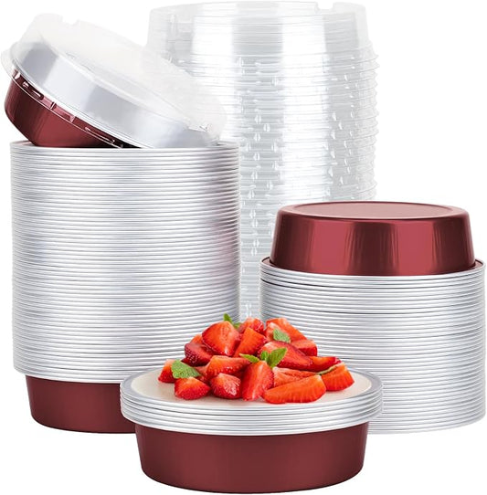 Beasea Disposable Mini Pie Tins with Lids, 100 Pack 4” 7.3oz 215ml Small Round Aluminum Baking Tart Foil Container for Individual Dessert Cupcake Cheesecake Ramekin Quiche Oven Dishes - Wine Red by Beasea