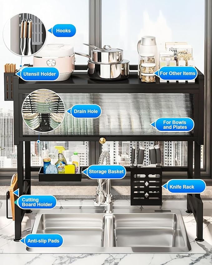 ASIEIT Dish Drying Rack, 3-Tier Over The Sink Dish Drying Rack, 33.5" Over Sink Dish Rack for Small Kitchen, Space-Saving Dish Rack with Cover, Baskets, Utensil, Large Sink Storage Organizer Black - Image 5
