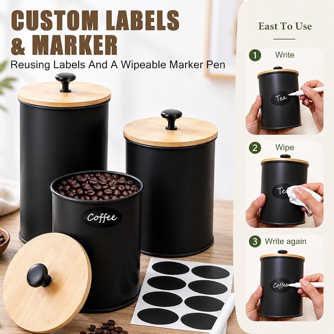 Kitchen Canister Set of 4 Airtight Metal Containers with Bamboo Lids, Black | Flour sugar coffee tea canisters set with bamboo lids, customizable chalkboard labels & marker pen - Image 5