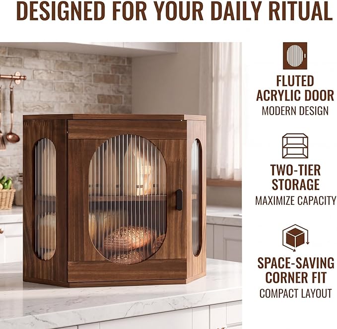 Alpeir Corner Bread Box for Kitchen Countertop, 3 Adjustable Height,Brown | Solid Pine Wood, Hold 2 Loaves, Strong Acrylic Window, Easily Care, Farmhouse Pantry Container for Home Baker, Family of 4 - Image 5