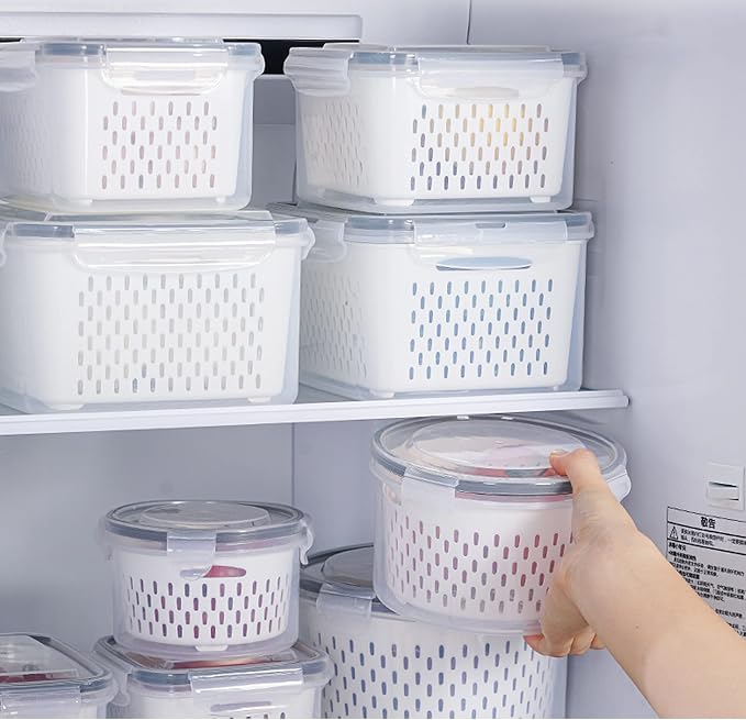 3Pack Fridge Food Storage Container Set with Lids with Strainer, Fruit Vegetable Storage Containers Keep Fruits, Vegetables, Berry, Meat Fresh longer, BPA-Free Plastic Produce Keepers - Image 3