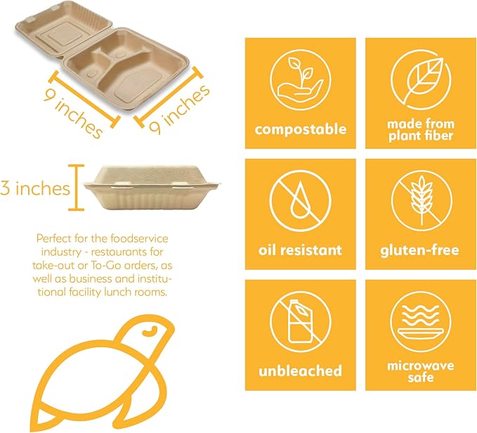 100% Compostable Disposable Food Containers with Lids [9”X9” 3-Comp 200 Pack] Eco-Friendly Take-Out TO-GO Containers, Heavy-Duty, Biodegradable, Unbleached by Earth's Natural Alternative - Image 2