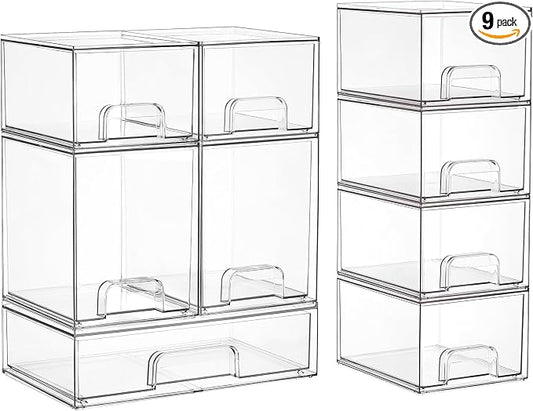 Vtopmart Stackable Storage Drawers Set of 9, Clear Plastic Organizer Bins for Baby Bottle, Beauty Supplies Storage, Ideal for Kichen Countertop, Vanity, Bathroom, Cabinet, Pantry Organization by Vtopmart