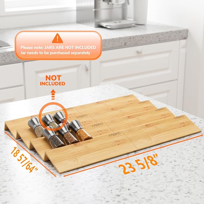 AMBIRD Bamboo Spice Drawer Organizer with Non-slip Mat,4 Tier - 2 Set Jar Spice Rack Tray From 12''to 24'',Hold up 48 Jars Seasoning Organizer for Kitchen,Cabinet,Drawers,Countertop - Image 4