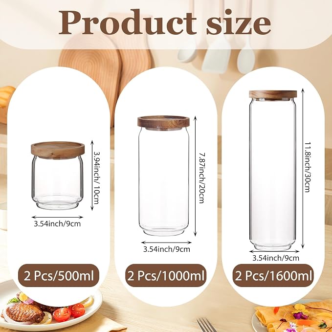 SiliFine 6 Set Glass Pantry Storage Jar with Acacia Airtight Lid 3 Size Glass Storage Container Jar for Pasta Spaghetti Cereal Coffee Bean Flour Sugar Rice, 17oz, 35oz, 53oz (Wood Lid) - Image 2