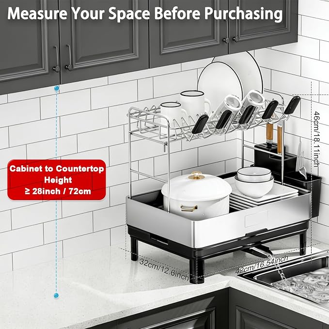 Ewaiira Dish Drying Rack, 2 Tier Large Dish Rack, Stainless Steel Dish Drainer for Kitchen Counter, Dishes Rack with Automatic Drainage, Utensil Holder,Cups Holder,Space Saving Kitchen Organizer,Black - Image 5