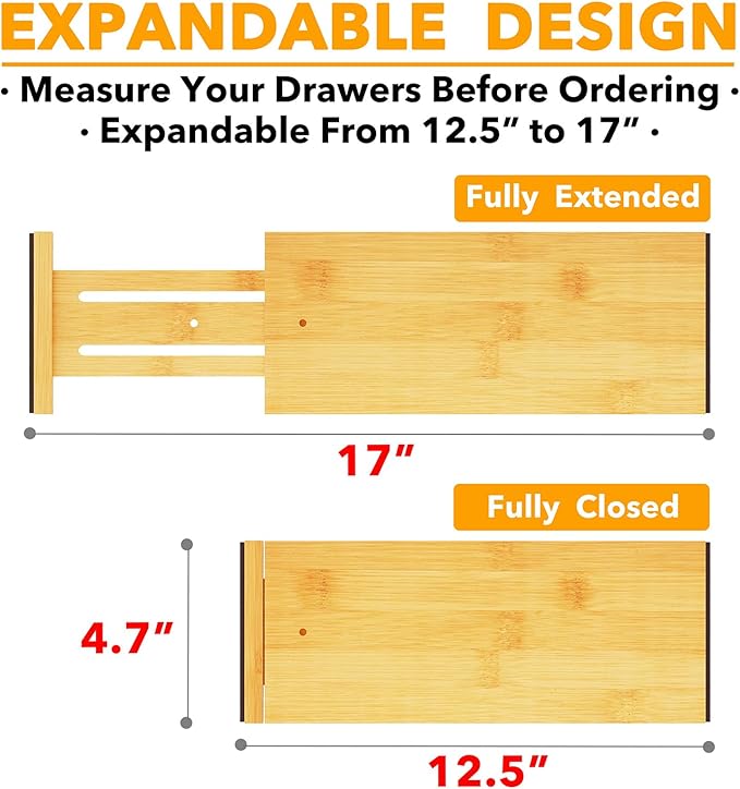 SpaceAid Bamboo 4 Pack Dresser Drawer Dividers, 4.65“ High Adjustable 12.5“-17” Drawer Organizers, Expandable Organization for Clothing, Clothes, Dressers, Natural - Image 3
