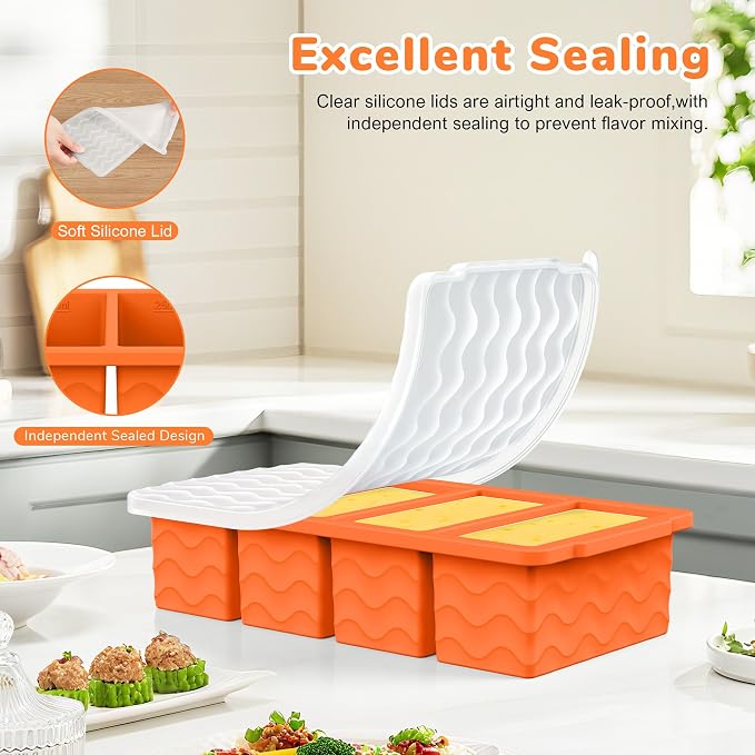Silicone Freezer Trays with Lid (4-Pack), 1-Cup, 2-Cup, 1/2-Cup & 2-Tbsp Silicone Freezer Molds, Stackable Soup Freezer Meal Prep Containers,Ice Cube Tray for Making Sauce,Smoothies,Yogurt Bites - Image 7