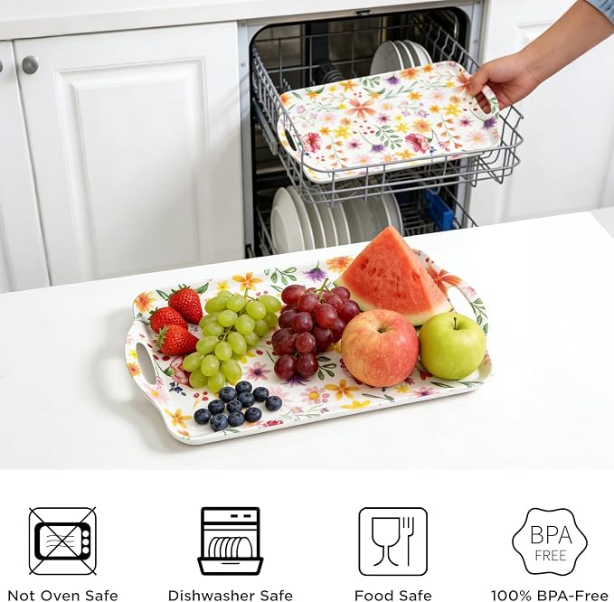 Extra Large Melamine Platters, Serving Tray with Handles for Cookie, Cupcakes, Desserts, Dishwasher Safe, Ottoman Tray Decor, Set of 2, 2 pcs Mats Included (Cottagecore Flower, 19''x11.6'') - Image 7