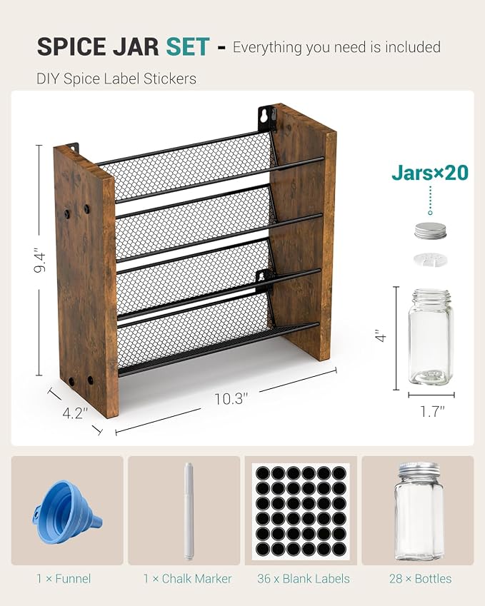 NESAPTO Spice Rack Organizer with 20 Glass Spice Jars, Wood 4-Tier Seasoning Organizer with Labels for Cabinet, Pantry, Countertop or Wall Mount, Chalk Marker and Funnel Set, 10.3" W × 9.4" H - Image 2