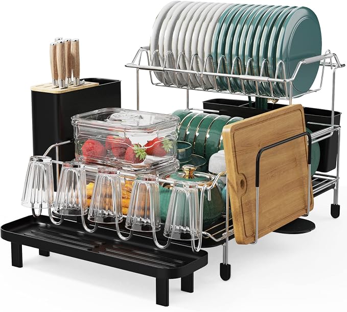 GOFLAME Dish Drying Rack with Drainboard, 2-Tier Detachable Dish Rack with 360°Swivel Spout, Utensil Holder, Cup Holder, Large Capacity Dish Drainer Set for Kitchen Counter by GOFLAME