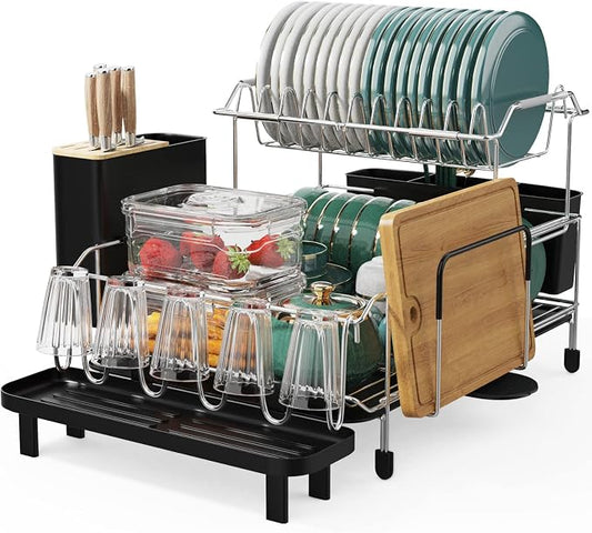 GOFLAME Dish Drying Rack with Drainboard, 2-Tier Detachable Dish Rack with 360°Swivel Spout, Utensil Holder, Cup Holder, Large Capacity Dish Drainer Set for Kitchen Counter by GOFLAME