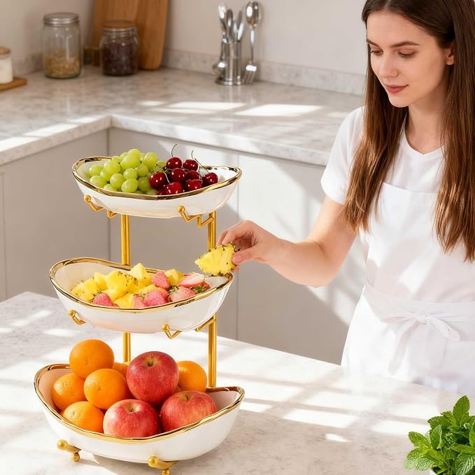 3 Tier Fruit Bowls For Kitchen Counter, Ceramic Fruit Basket Stand | Metal Fruit Serving Tray, Large Capacity, Snacks Nuts Cake Storage Holder for Party (Gold 1) - Image 5