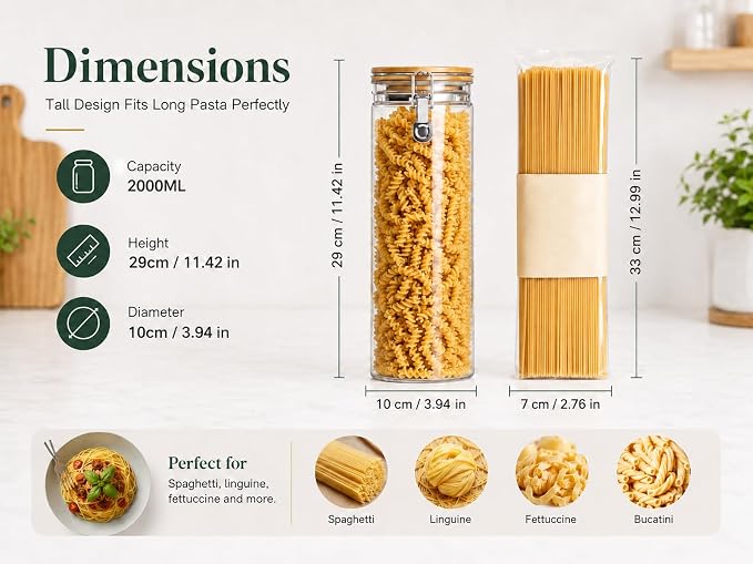 KKC 68oz Glass Spaghetti Container with Airtight Bamboo Clamp Lid - 2000ml Tall Pasta Storage Jar & Long Noodle Holder Keep Fresh Dispenser for Kitchen Pantry Storage Organization - Image 2