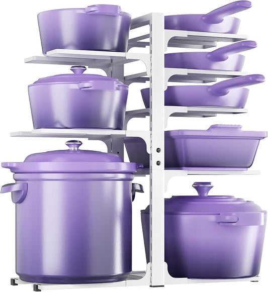 MUDEELA 8-Tier Heavy Duty Pots and Pans Organizer for Cabinet, 20.8"H White | Adjustable heavy-duty pot rack, Holds big stockpots and cookware, Fits under cabinet or on countertops, Easy Assembly by MUDEELA