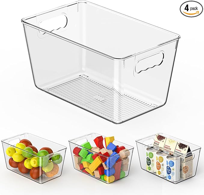 Clear Fridge Organizer Bins with Handles, 4 Pack Medium 10×6×5 Inch | Clear storage bins with handles, food organizer basket for kitchen, fridge, freezer and bedrooms by KJIXYUNG