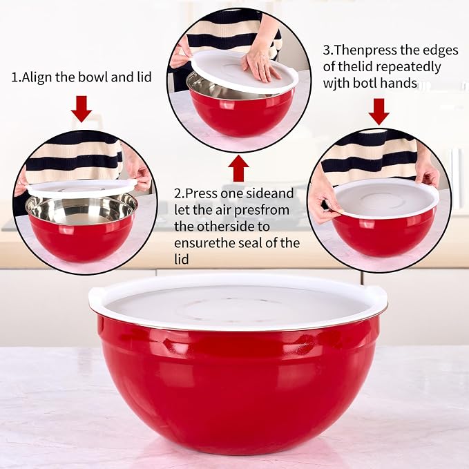 Red Mixing Bowls with Lids Set of 7, Stainless Steel Nesting Bowl with Khaki Lid for Non-slip Mixing Prepping Storing Serving, 7 Sizes-7/3.6/2.7/2.1/1.5/1/0.8 QT - Image 3