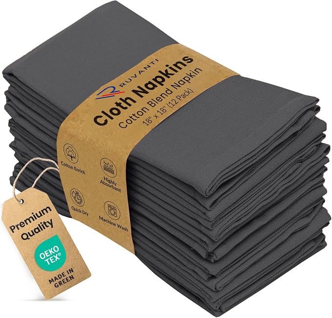 Ruvanti Cloth Napkins Set of 12, 18x18 Inches Napkins Cloth Washable, Soft, Durable, Absorbent, Cotton Blend. Table Dinner Napkins Cloth for Hotel, Lunch, Restaurant, Weddings, Parties - Dark Grey by Ruvanti