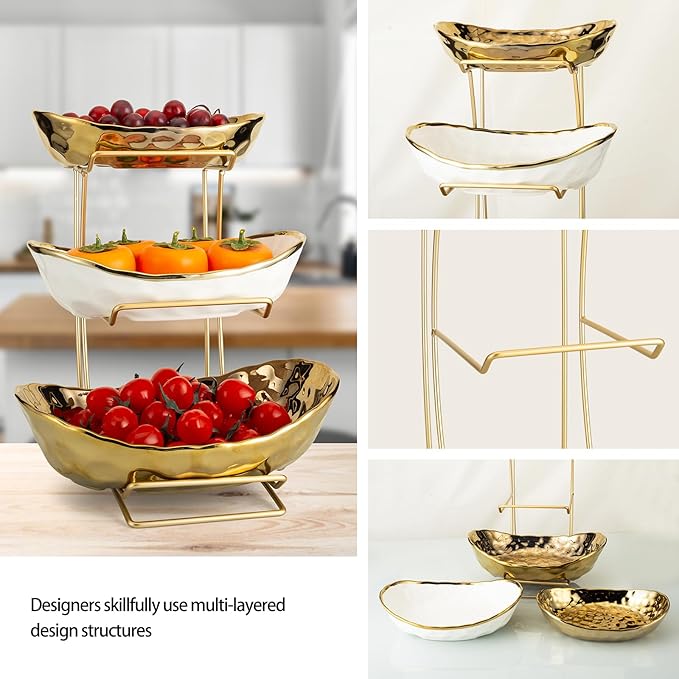 3-Tier Gold Fruit Bowl & Tray with Metal Stand - Ceramic White, Triple Layer for Snacks, Nuts, Bread & Candy Storage - Image 5