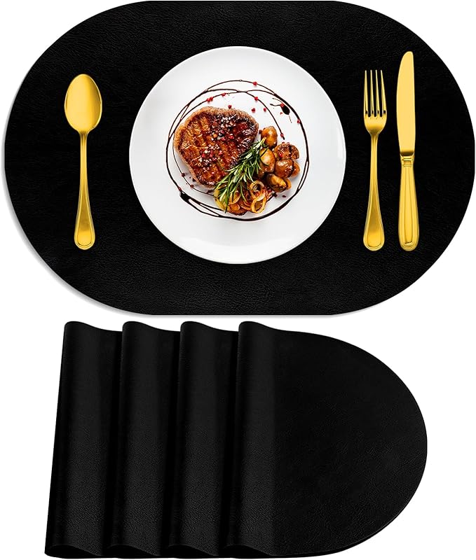 ADRIMER Placemats, Heat Resistant Oval Placemats Set of 4 Washable 12 x 17 Inch, Waterproof Table Mats, Wipeable Pu Place Mats for Kitchen, Dining Room, Black by Adrimersdreamistobeanindispensablecompanioninyourlife