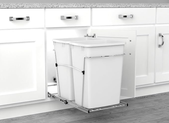 Rev-A-Shelf Double 35 Qt Pullout Trash Can for Base Kitchen Cabinets, Garbage Waste Bin System with Full-Extension Slides, Min Opening Width of 14.5" White/Chrome, RV-18KD-11C S - Image 6