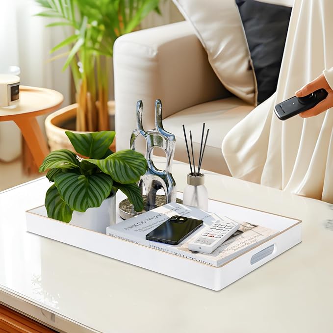 White Decorative Tray for Coffee Table, Serving Tray with Handles | Plastic Melamine Tray, Modern Ottoman Tray, Rectangular Countertop Organizer Tray for Living Room, 15.8"L x 10.2"W x 1.4"H - Image 5