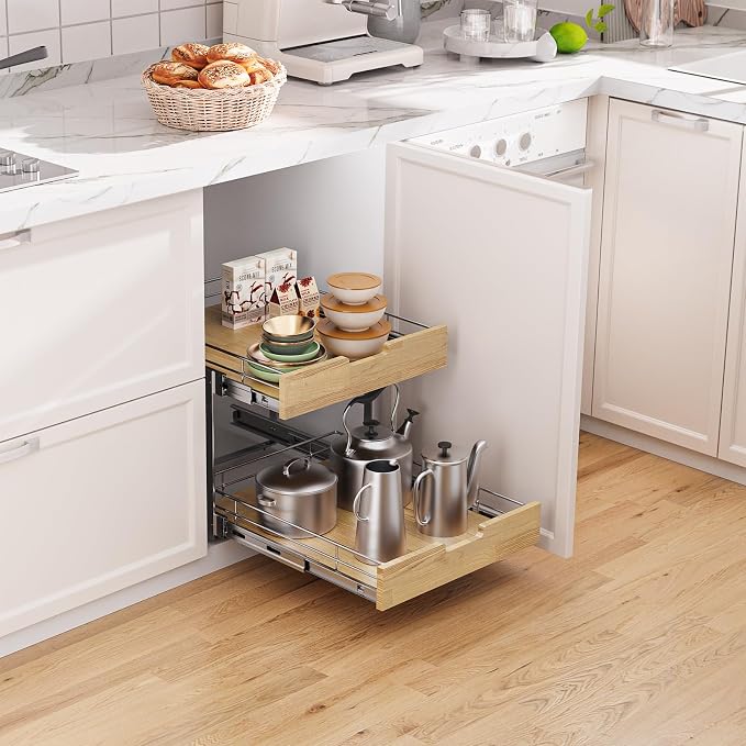 Sikarou Pull Out Cabinet Organizer,Heavy-Duty Slide Out Shelf, Wood and Wire Basket, Pull Out Drawer for for Kitchen Under Sink Space, Pantry, Bathroom, 2 Tie 14 * 21 in - Image 5