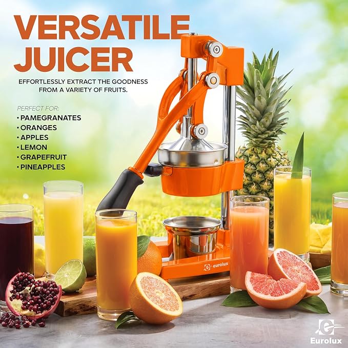 Eurolux Ultra-Premium Cast Iron Juicer | Extra-Large, Heavy Duty, Commercial Grade, Stainless Steel Manual Hand Press Citrus Squeezer For Fresh Orange Juice, Pomegranate, Lemon, and Much More (Orange) - Image 6