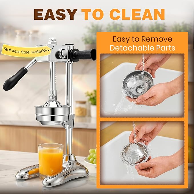 Stainless Steel Manual Citrus Juicer with Stable Countertop Base | Cast Iron Juicer, Hand Juice Squeezer, Gear-Drive Rotary Press for Oranges, Lemons, Pomegranates - Image 4