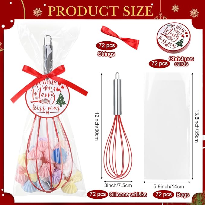 FoldTier 72 Sets 12 Inch Christmas Whisks Gifts DIY Fillable Christmas Tree Ornaments Xmas Colored Silicone Whisks for Cooking Heat Resistant Egg Beaters with Card Rope Bag for Candy Holder - Image 2