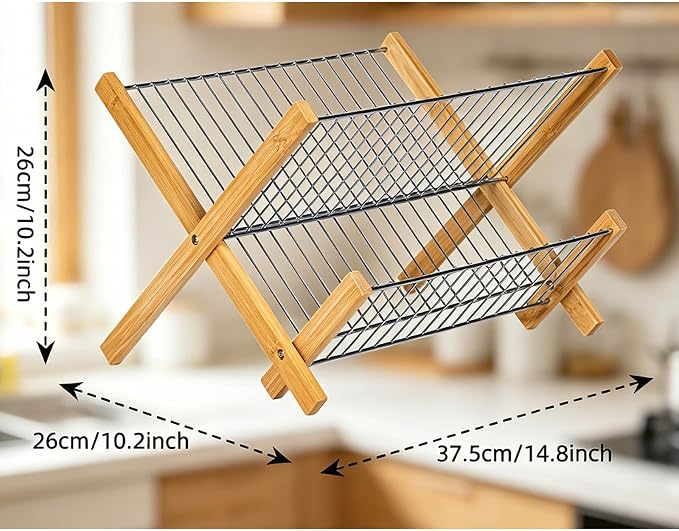 2-Tier Collapsible Dish Drying Rack – Space-Saving Wood & Metal Kitchen Counter Organizer for Dishes, Plates, Cups & Utensils, Compact Folding Design - Image 3