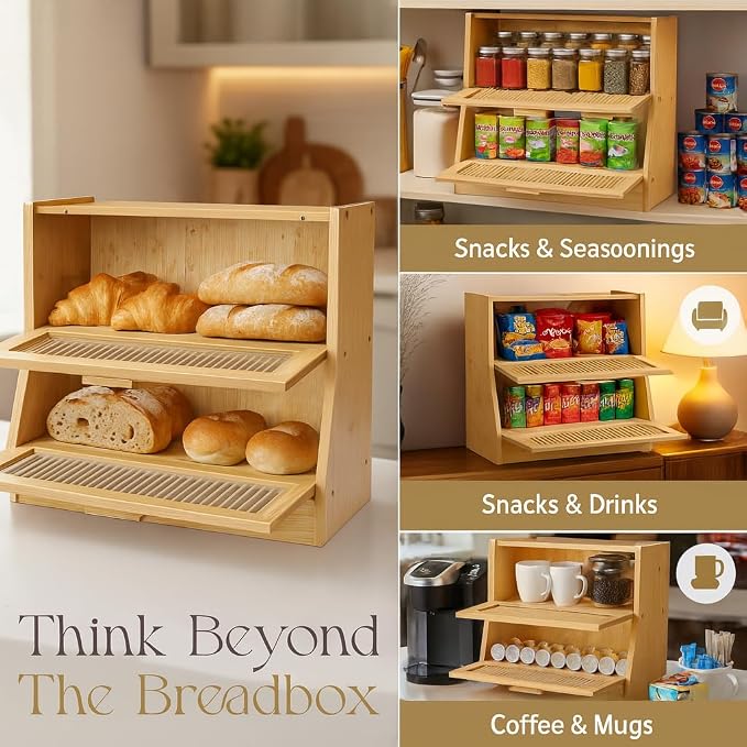 Bread Box for Kitchen Countertop - Bamboo Wood Breadbox with Knife Storage, Ventilation Holes - Farmhouse Loaf Organizer, Versatile 2 Layer Bread Storage Container for Snacks Mugs Spices - Image 7