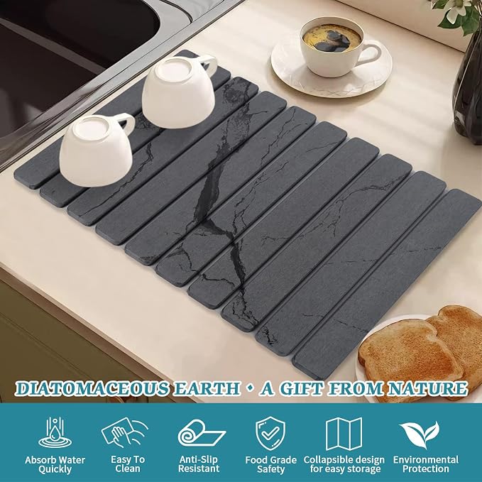 Stone Dish Drying Mat for Kitchen Counter, 24 x 16 Inch(Dark Gray Marble) | Absorbent diatomaceous earth and PVC, folds for compact storage, suitable for dishes, cups, bottles, or a bathroom floor mat - Image 4