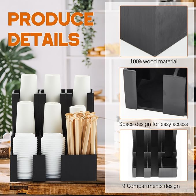CroBlissful Wooden Vertical Coffee cup and lid dispenser, coffee condiment organizer, 9 Compartment for Disposable Paper & Plastic Cup, for cabinet Station Home Countertop Bar 13''l x 13''w x 12''h - Image 3