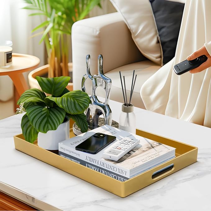 Gold Decorative Tray for Coffee Table, Serving Tray with Handles | Plastic Melamine Tray, Modern Ottoman Tray, Rectangular Countertop Organizer Tray for Living Room, 15.8"L x 10.2"W x 1.4"H - Image 6