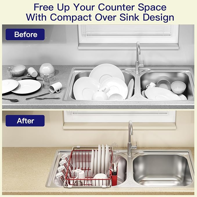 Red Dish Drying Rack Over Sink with Utensil Holder, Drainboard | Expandable Stainless Steel Dish Drainer for Small Kitchen, Apartment, RV, Counter Space Saving, Perfect Fit, Rustproof - Image 2