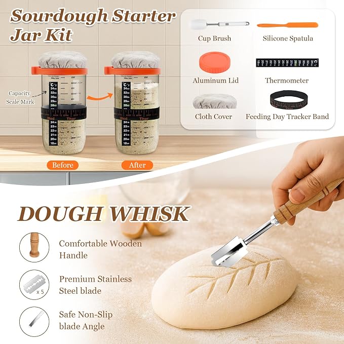 Sourdough Bread Baking Supplies, Sourdough Starter Kit, 2 9 Inch Round Banneton Bread Proofing Basket with 24 Oz Glass Jar, Sour Dough Tools with Danish Dough Whisk & Scraper - Image 5