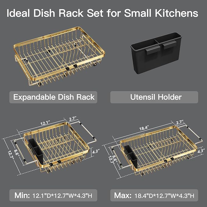 Gold Dish Drying Rack Over The Sink with Utensil Holder | Expandable Stainless Steel Dish Drainer for Small Kitchen, Apartment, RV, Counter Space Saving, Perfect Fit, Rustproof - Image 9