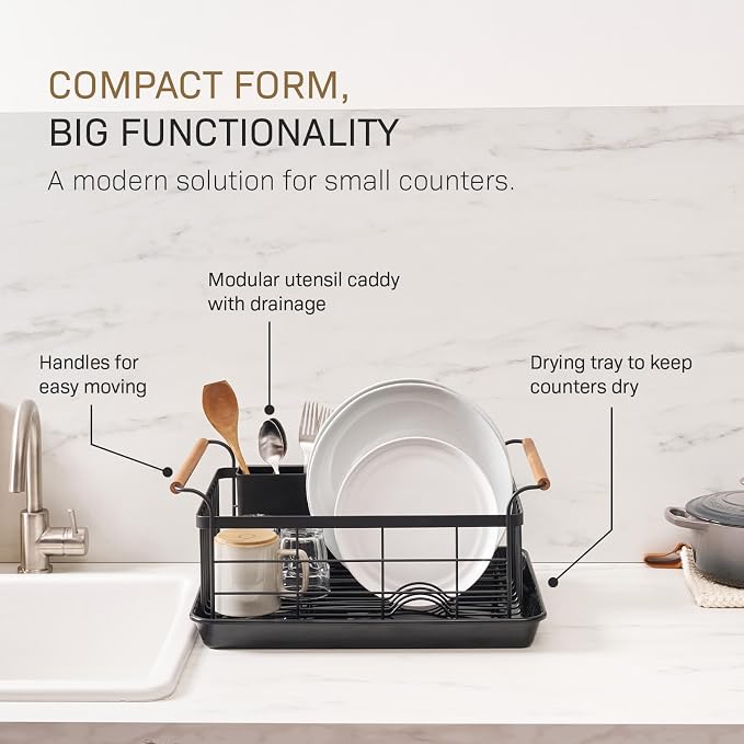 YAMAZAKI Home Dish Drying Rack – Modern Black Dish Rack for Kitchen Counter with Removable Drainer Tray and Cutlery Holder, Steel + Wood Dish Drying Organizer, Small Space-Saving Design - Image 3