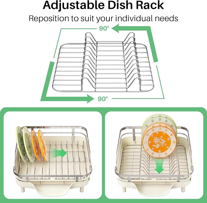 SAYZH Expandable Dish Drying Rack for Small Kitchen Counter, Beige | Stainless Steel, Protective Guardrail, Angled Drainboard, Fits High-Rim Sinks, Removable Utensil Holder - Image 6
