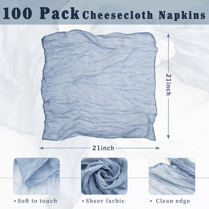 100 Pack Dusty Blue Cheesecloth Napkins Washable 21x21 Inches Dusty Blue Cloth Napkins Set of 100 Bridal Baby Shower Dinner Table Napkins for Wedding Rustic Boho Cotton Gauze Summer Party Table Decor - Image 3