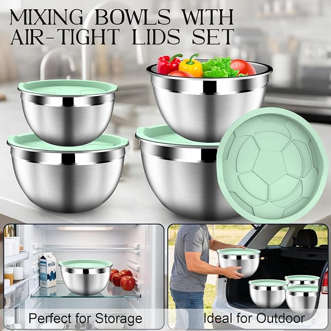 DUTZUN Mixing Bowls with Lids Set, Stainless Steel Mixing Bowl Set with Colander, Strainer with Bowls - Pistachio - Image 3