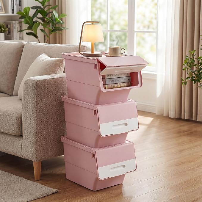 GIANTEX 3 Pack Plastic Stackable Storage Bins with Lids & Wheels, 35 QT | Open Front Stacking Bins, Organizer Bins for Pantry, Kitchen, Laundry, Closet, Playroom, Bedroom Organization - Image 3