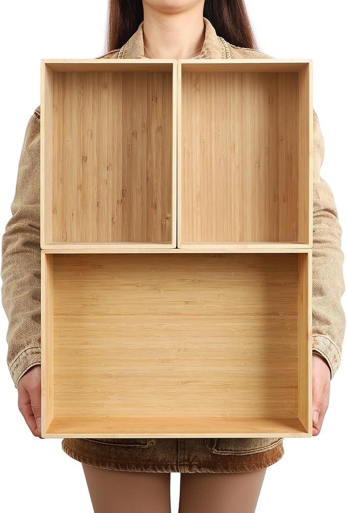 BAMOTTO CRAFTBAMBOO 3-Piece Bamboo Storage Box Set Stackable Organizer | Large 14.6"x10.2"x7.1" + 2x Small 10.2"x7.3"x3" | Open-Top | Deep-Drawer Bin for Kitchen Cutlery Utensils Knives by BAMOTTOCRAFTBAMBOO