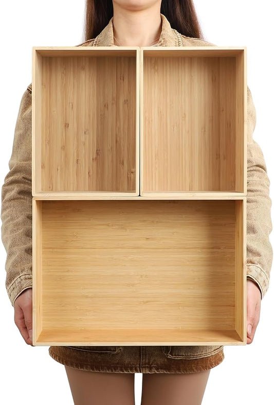BAMOTTO CRAFTBAMBOO 3-Piece Bamboo Storage Box Set Stackable Organizer | Large 14.6"x10.2"x7.1" + 2x Small 10.2"x7.3"x3" | Open-Top | Deep-Drawer Bin for Kitchen Cutlery Utensils Knives by BAMOTTOCRAFTBAMBOO