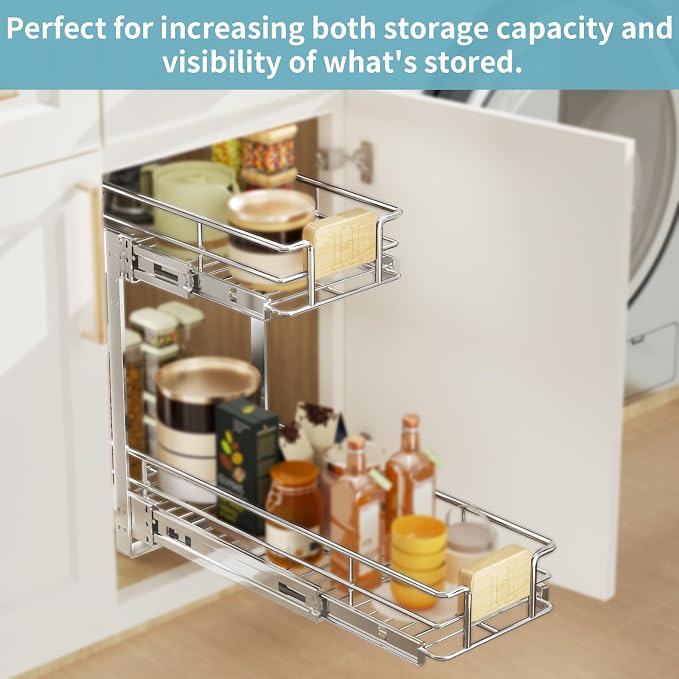 LOVMOR 2 Tier Pull Out Cabinet Organizer 7½" W x 21½" D, Slide Out Drawers with Wooden Handle, Sliding Shelves Organization and Storage for Kitchen, Pantry - Image 6