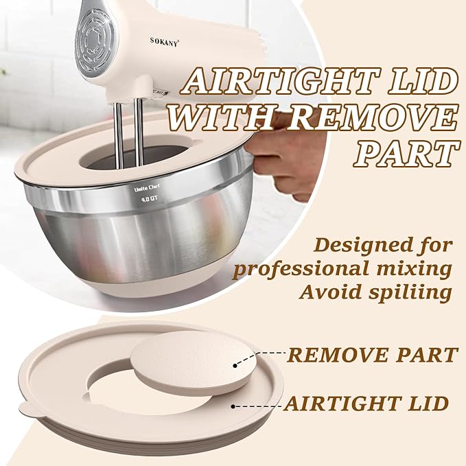 Umite Chef Mixing Bowls with Airtight Lids Set, 8PCS Stainless Steel Nesting Bowls with Grater Attachments, Non-Slip Bottoms, 5, 4, 3.5, 2, 1.5QT for Mixing & Serving - Image 6