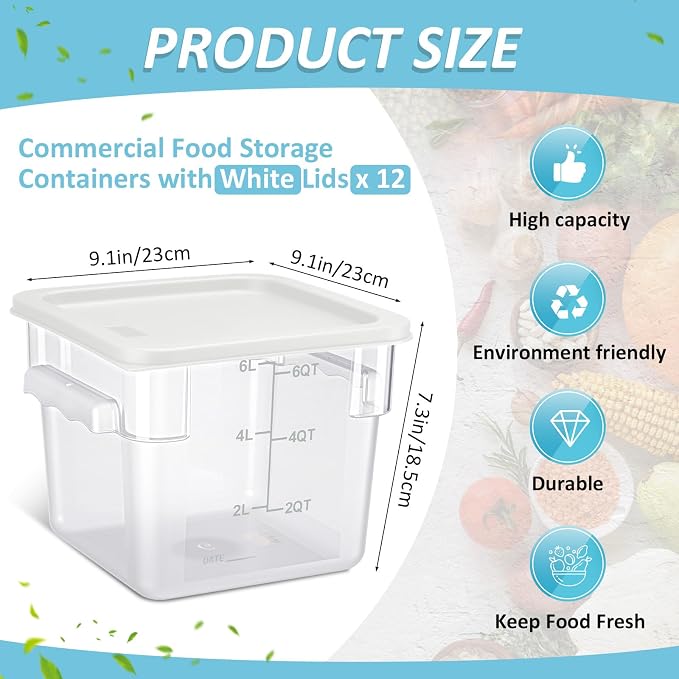 Yungyan 12 Pcs 6 Qt Commercial Food Storage Containers with white Lids Restaurant Square Airtight Food Storage Containers Clear Cereal Container for Kitchen Freezer Dishwasher Pantry - Image 2