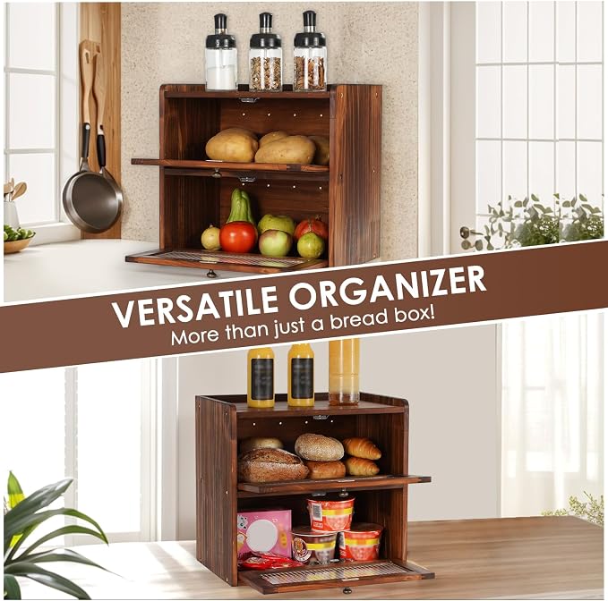 Sunhoo Bread Box for Kitchen Countertop Wooden Bread Storage Container Bin 2 Layer Breadbox Holder Large Capacity Keeper Vintage Farmhouse Food Organizer Pantry Shelf Acrylic Window（Black） - Image 6